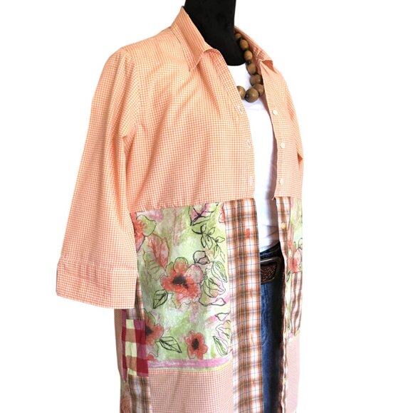 Patchwork Duster, Size L: Upcycled Boho Button-Down Dress, Orange Gingham - Picture 9 of 14